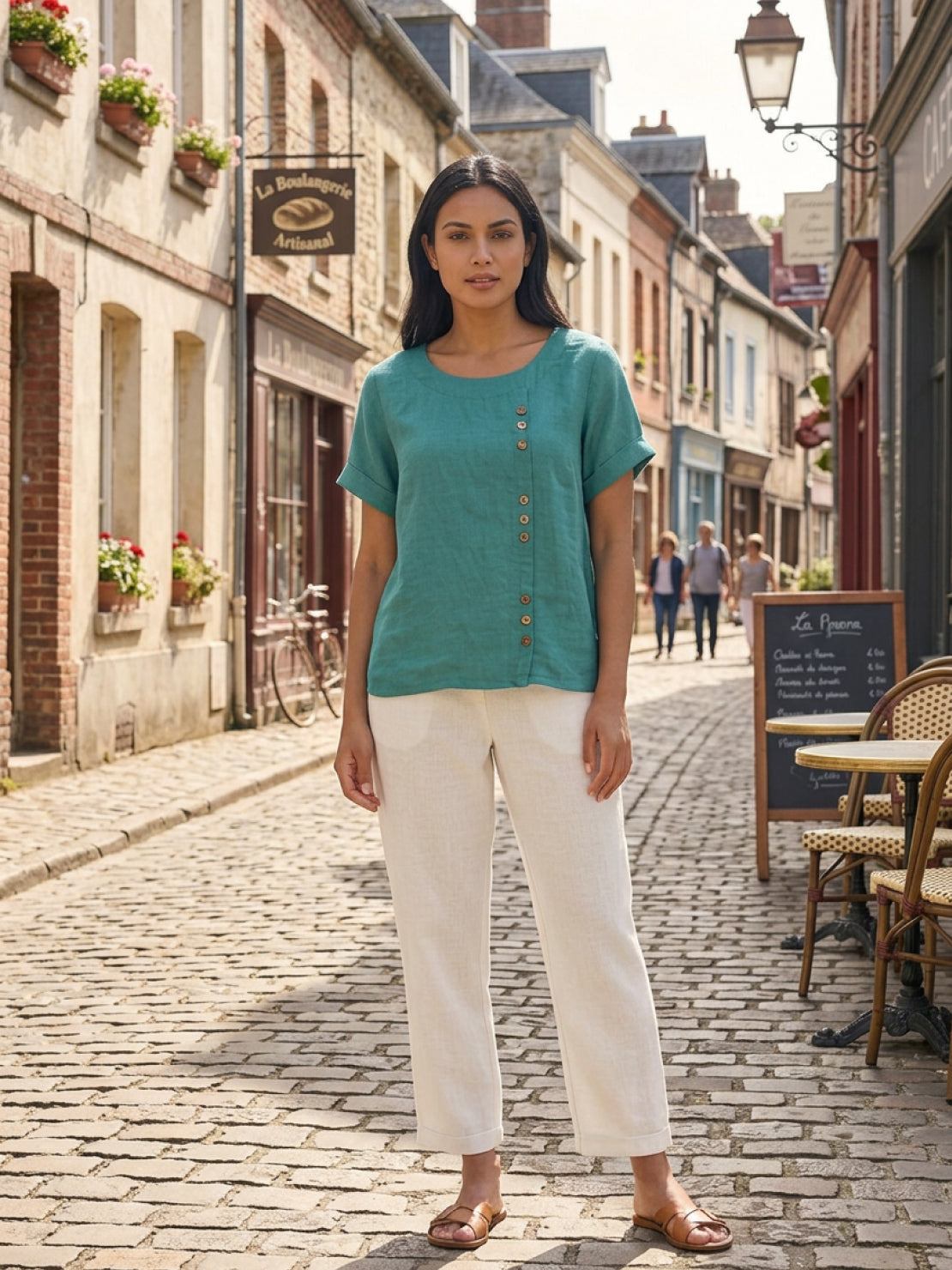 Olive | Women's Casual Tee Short Sleeve Scoop Neck Button Detail Top