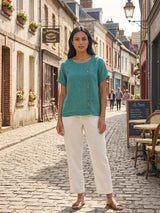 Olive | Women's Casual Tee Short Sleeve Scoop Neck Button Detail Top