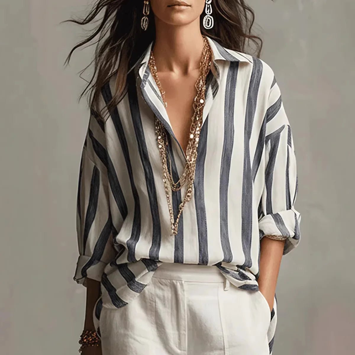 Romilda | Women's Striped Collared Long Sleeve Blouse
