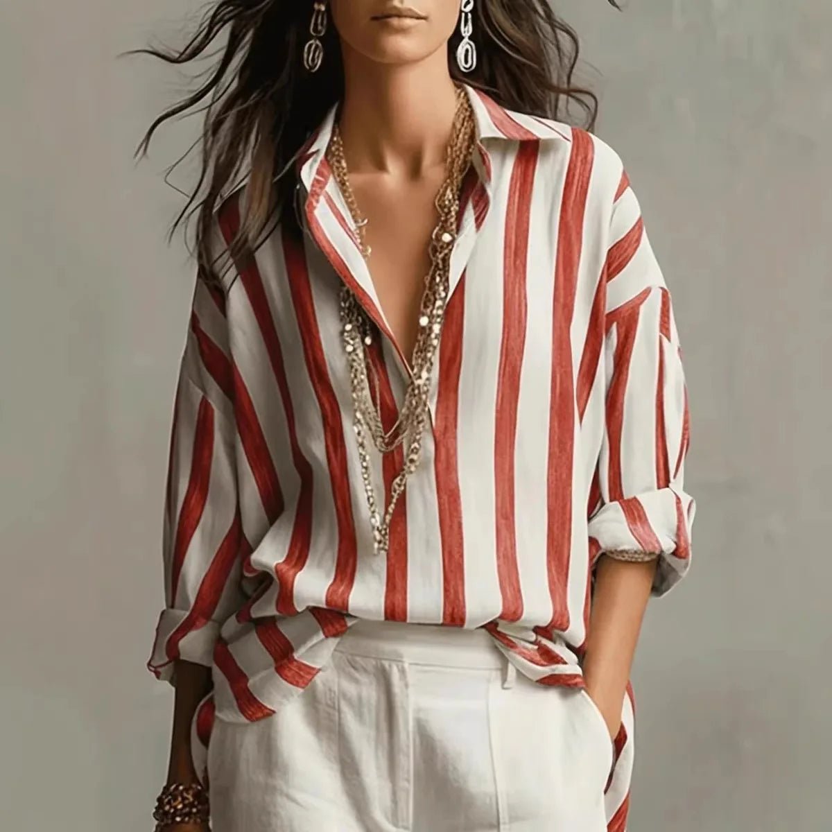 Romilda | Women's Striped Collared Long Sleeve Blouse