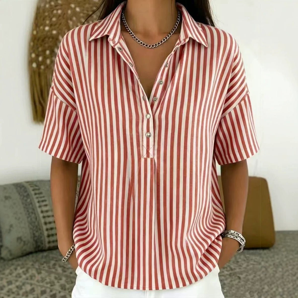 Rosalie | Women's Striped Collared Short Sleeve Blouse