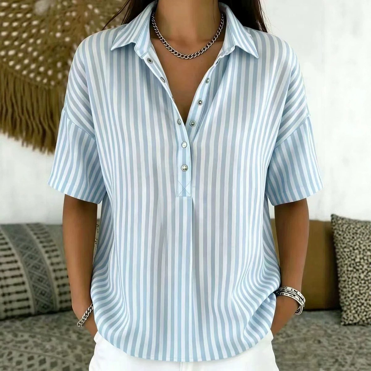 Rosalie | Women's Striped Collared Short Sleeve Blouse