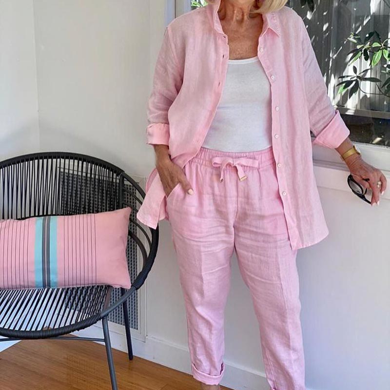 Zélie | Women's Linen Two-Piece Set Button Shirt & Drawstring Trousers