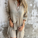 Sasha | Women's 2 Piece Linen Shirt and Shorts Set Long Sleeve