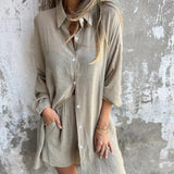 Sasha | Women's 2 Piece Linen Shirt and Shorts Set Long Sleeve