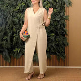 Mila | Women's V-Neck Wrap Jumpsuit Sleeveless Tie Waist