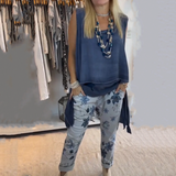 Oriane | Women's Two-Piece Set Asymmetric Sleeveless Top & Printed Trousers