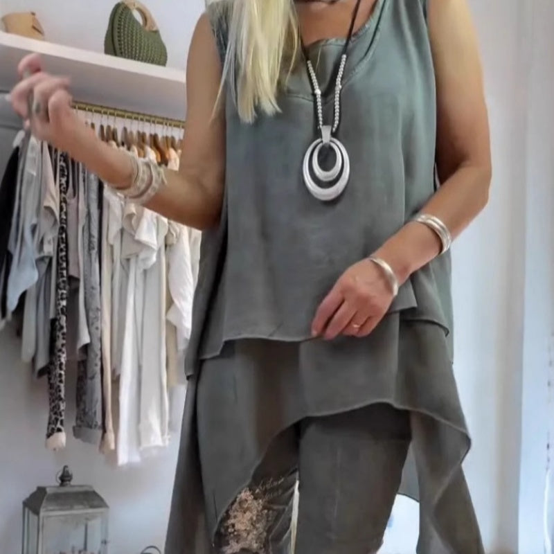 Oriane | Women's Two-Piece Set Asymmetric Sleeveless Top & Printed Trousers