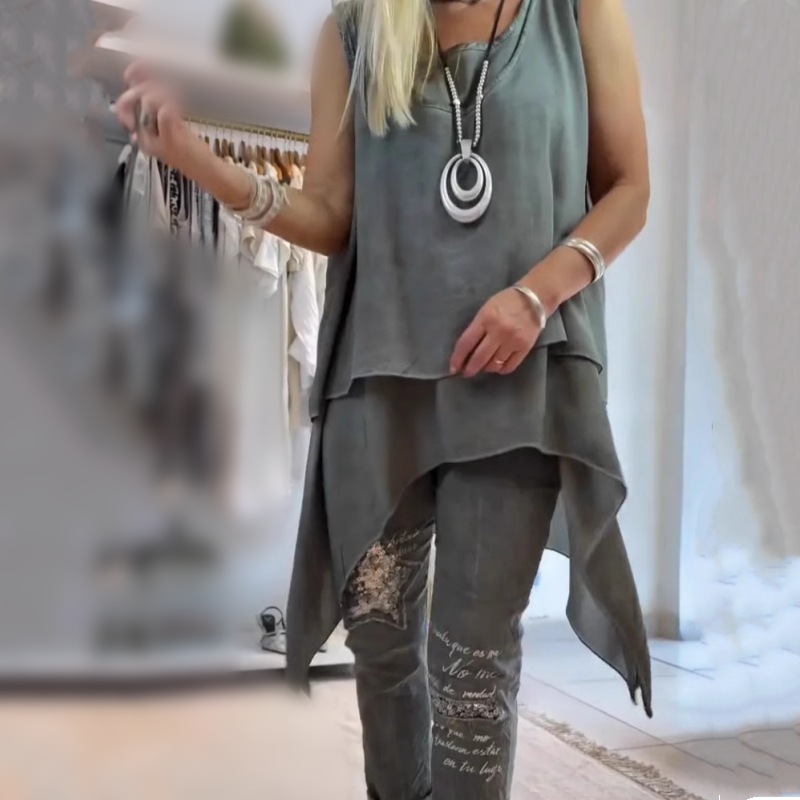 Oriane | Women's Two-Piece Set Asymmetric Sleeveless Top & Printed Trousers