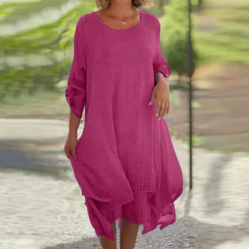 Rosa | Women's Layered Lace Hem Midi Dress 3/4 Sleeve Relaxed
