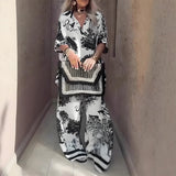 Amber™ | Printed V-Neck Top & Long Pants Set