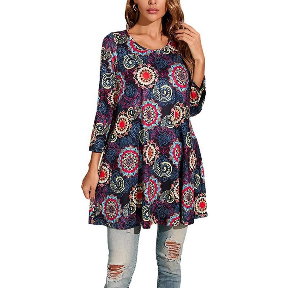 Tamzin | Women's Mandala Print 3/4 Sleeve Tunic Top