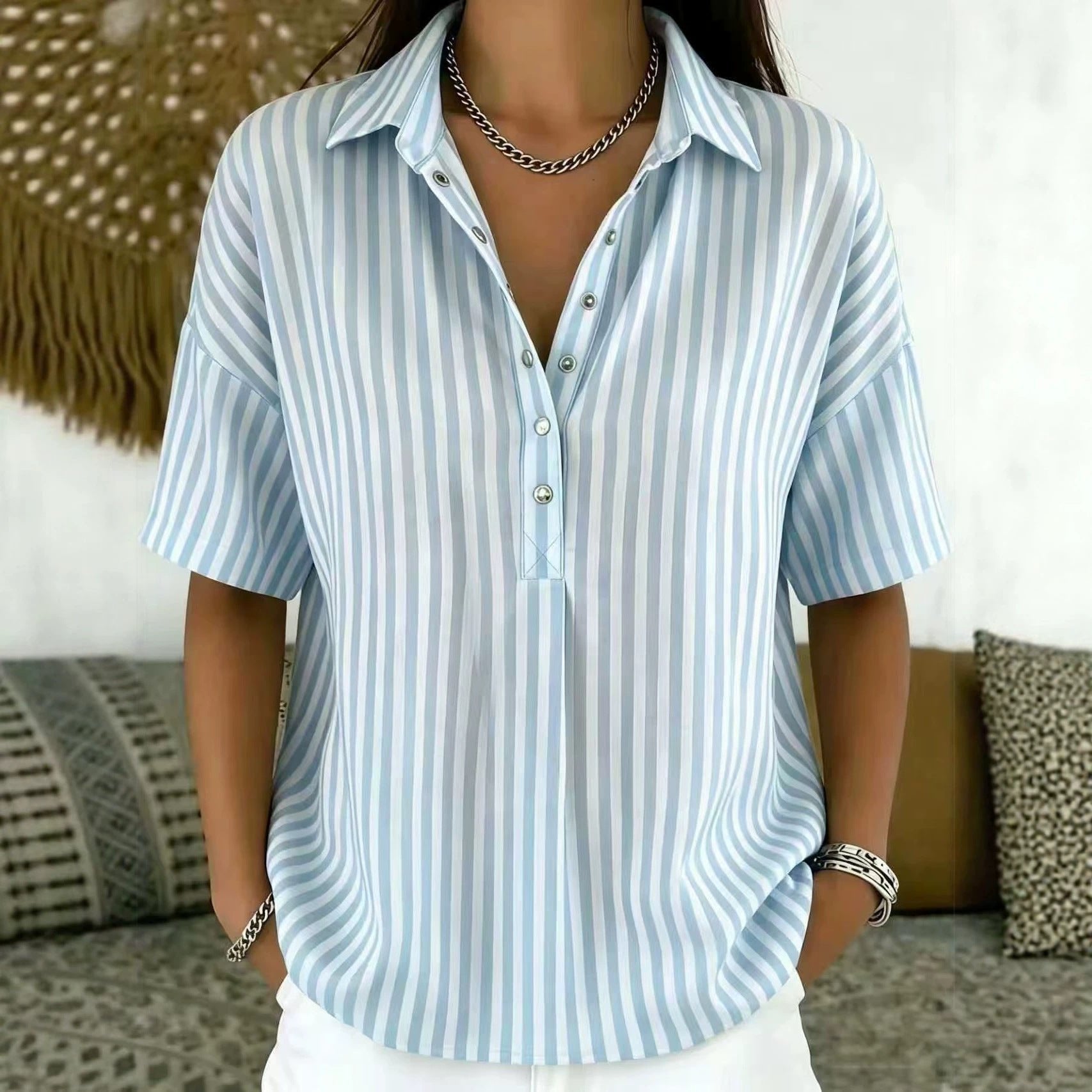 Thessa | Women's Striped Collared Short Sleeve Blouse