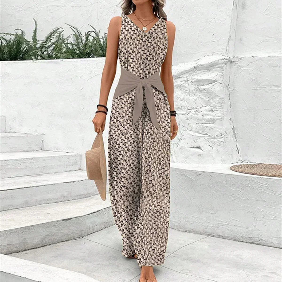 Aria | Women's Sleeveless Wide Leg Jumpsuit V-Neck Tie Waist Print