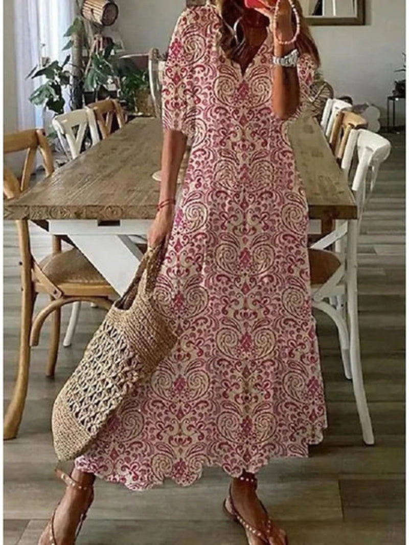 Andrea | Boho Vintage V-Neck Printed Dress