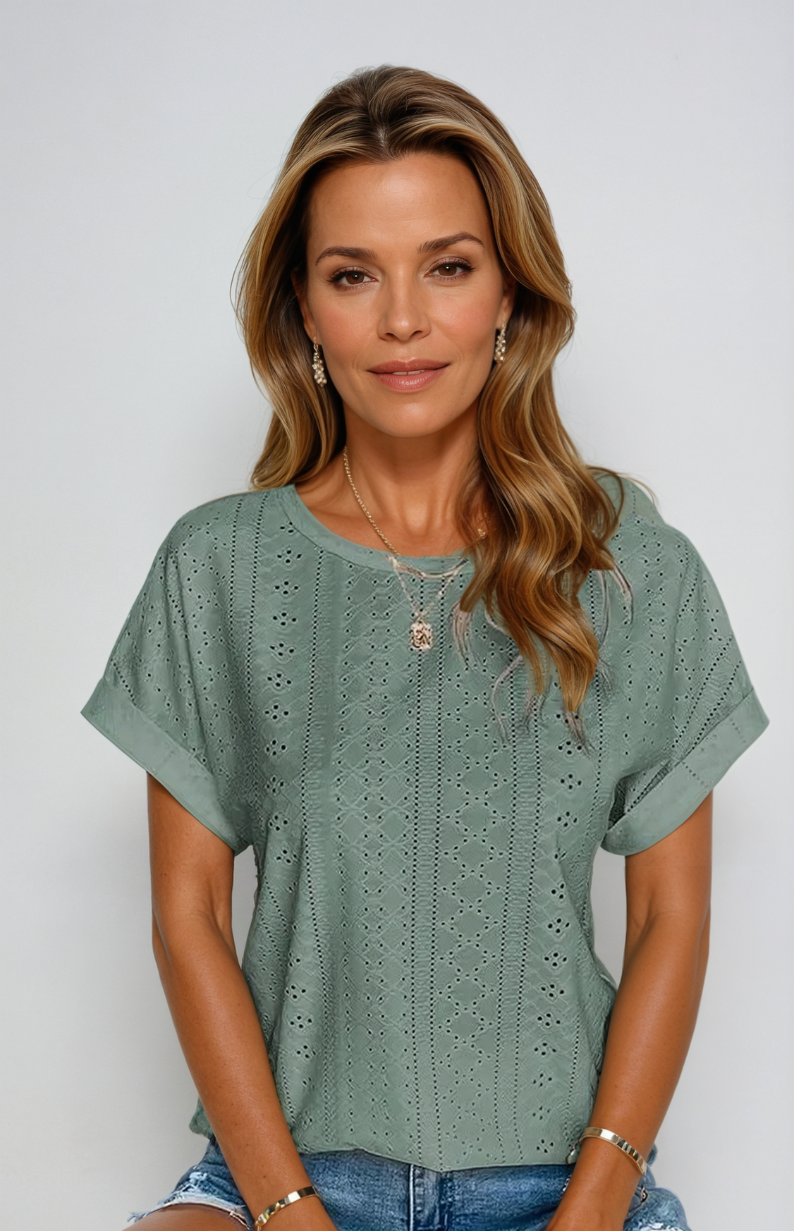 Vella | Women's Casual Eyelet Short Sleeve Top
