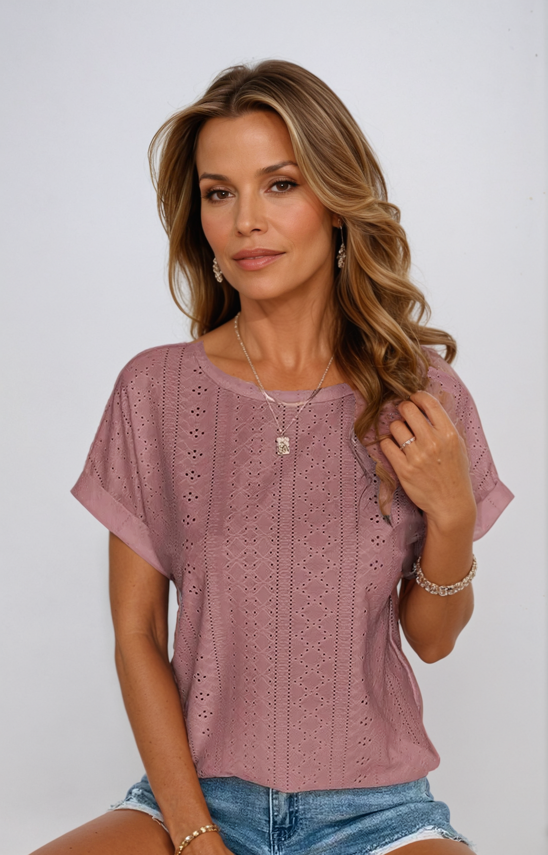 Vella | Women's Casual Eyelet Short Sleeve Top
