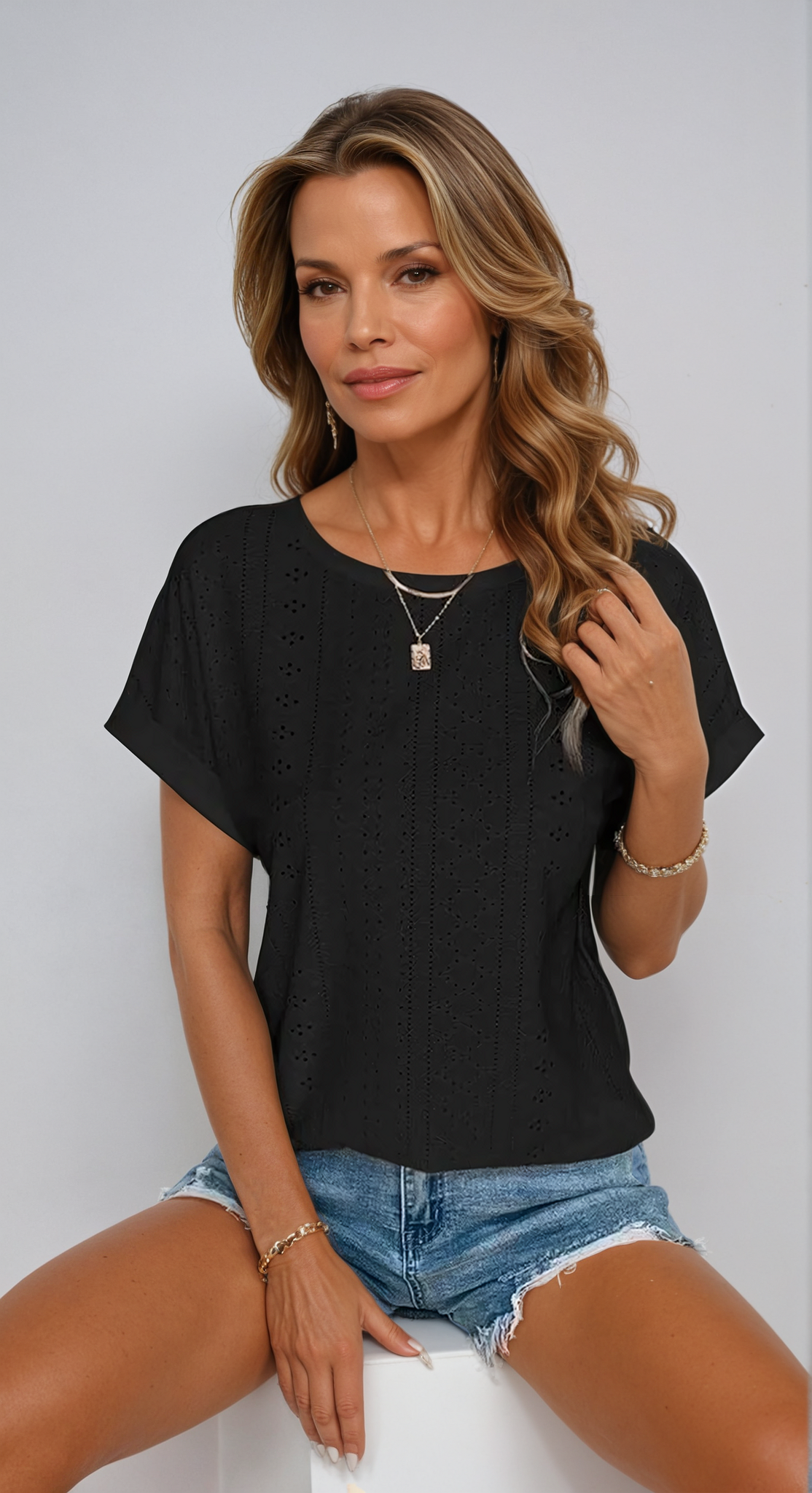 Vella | Women's Casual Eyelet Short Sleeve Top