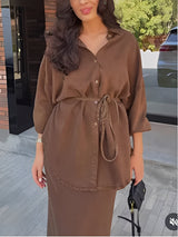 Lisa™ | Long-sleeved Tie-Drawstring Shirt and Skirt Set
