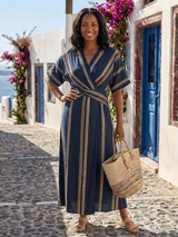Ximena | Women's Striped V-Neck Short Sleeve Wrap Midi Dress