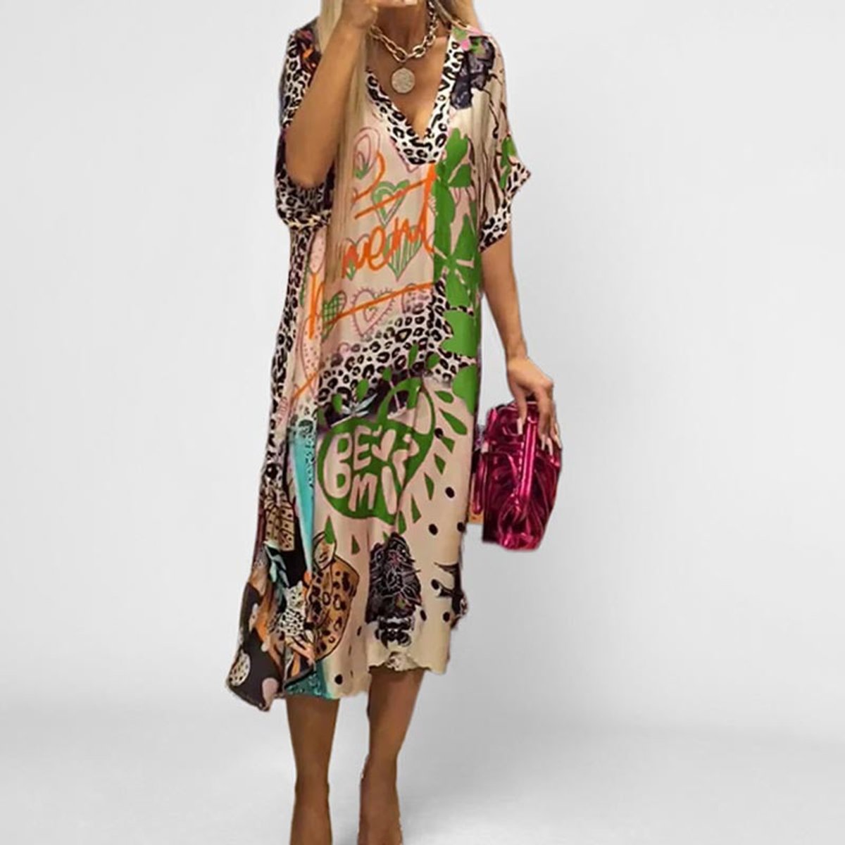Zephyrine | Women's V-Neck Graphic Print Midi Dress